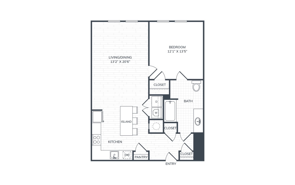 1BR ADA - 1 bedroom floorplan layout with 1 bath and 785 square feet.