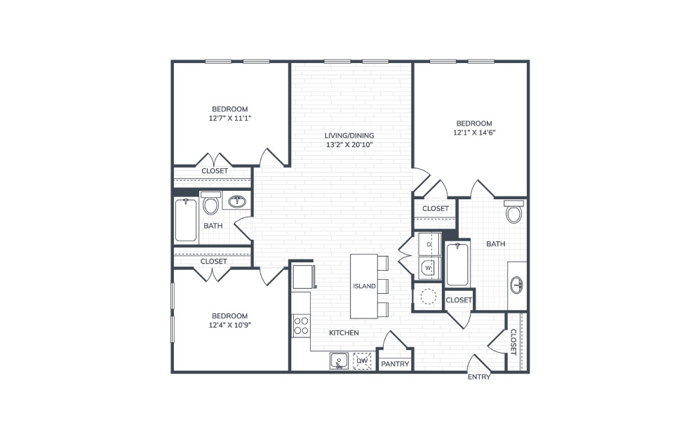 3BR ADA - 3 bedroom floorplan layout with 2 baths and 1233 square feet.