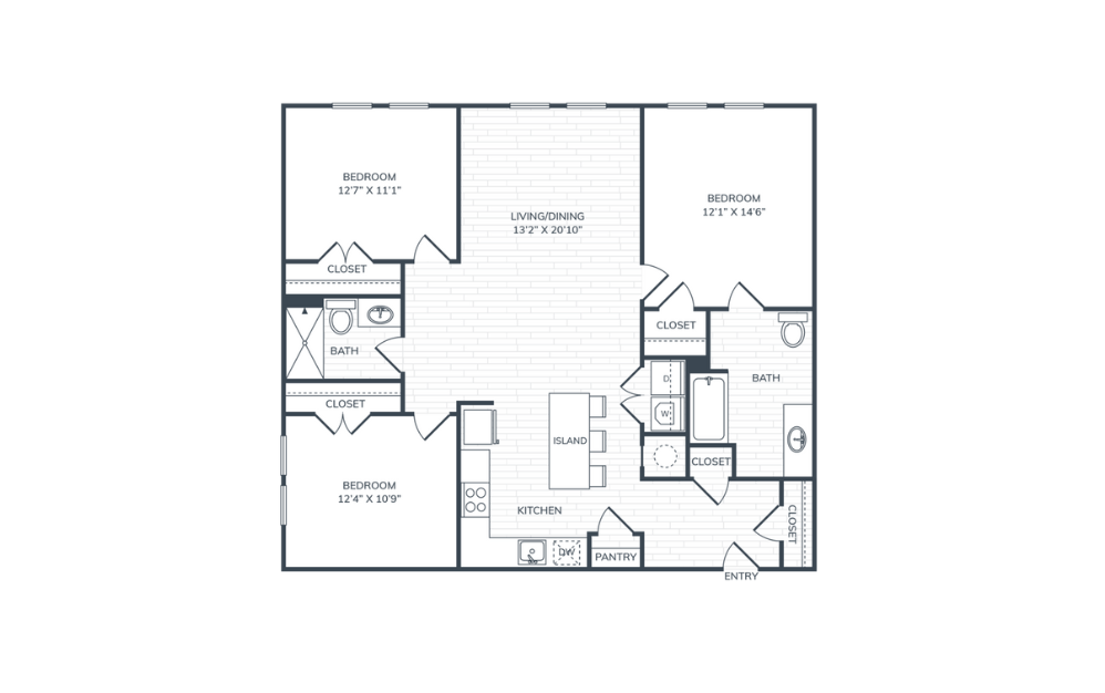 PH1 C1 ADA - 3 bedroom floorplan layout with 2 bathrooms and 1233 square feet