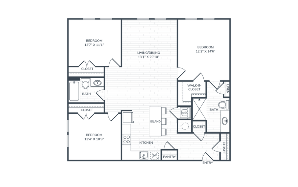 PH1 C1 - 3 bedroom floorplan layout with 2 baths and 1233 square feet.