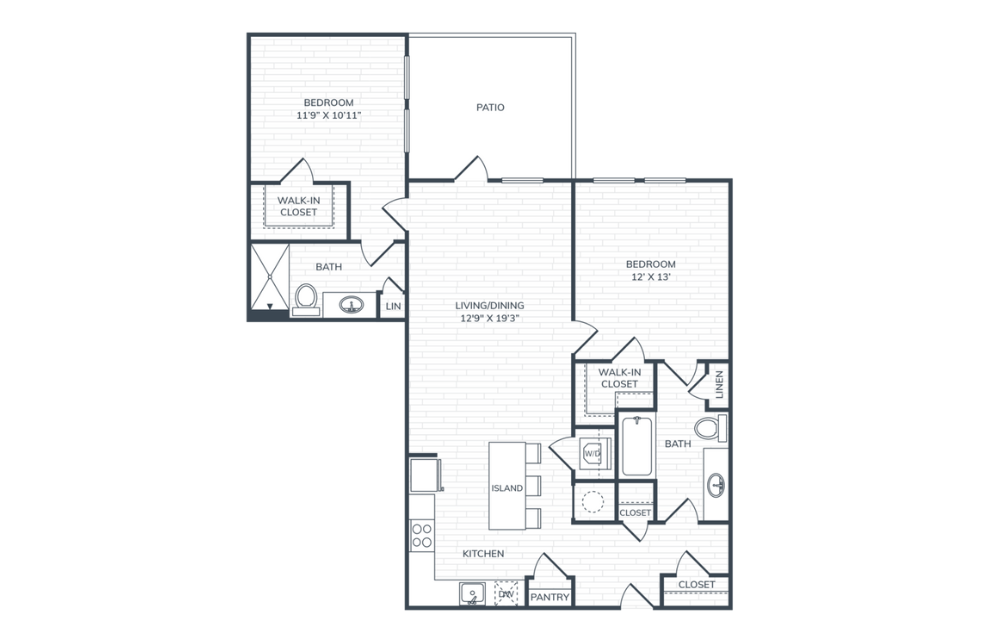 PH2 B1P - 2 bedroom floorplan layout with 2 bathrooms and 1044 square feet