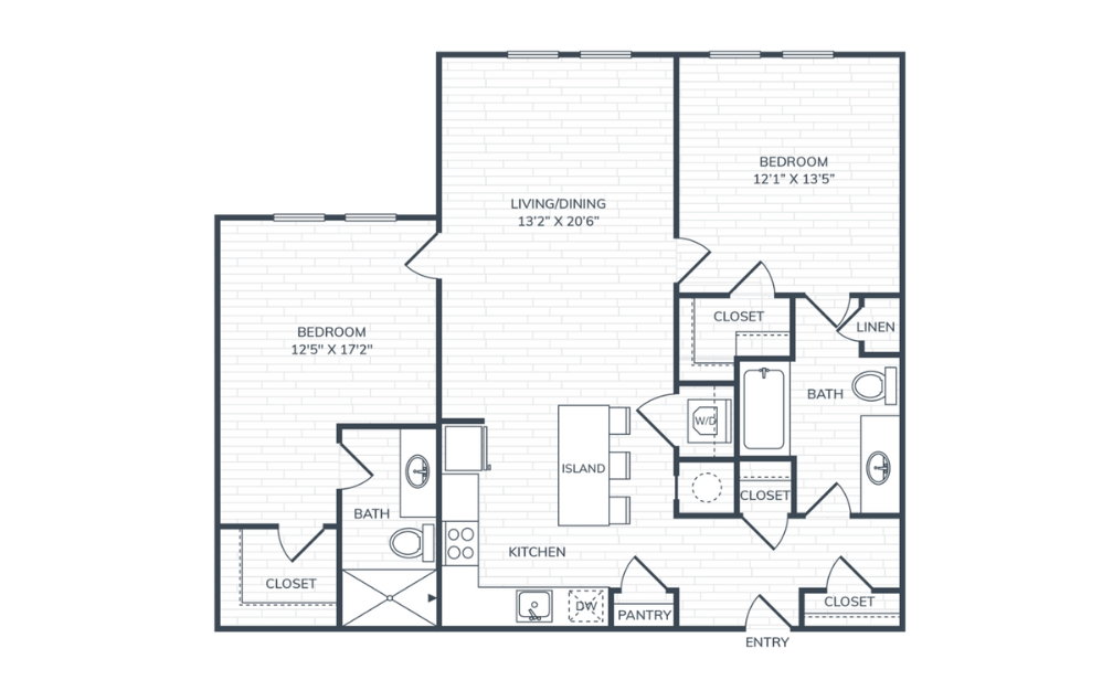 PH2 B3 - 2 bedroom floorplan layout with 2 baths and 1067 square feet. (Layout 1)