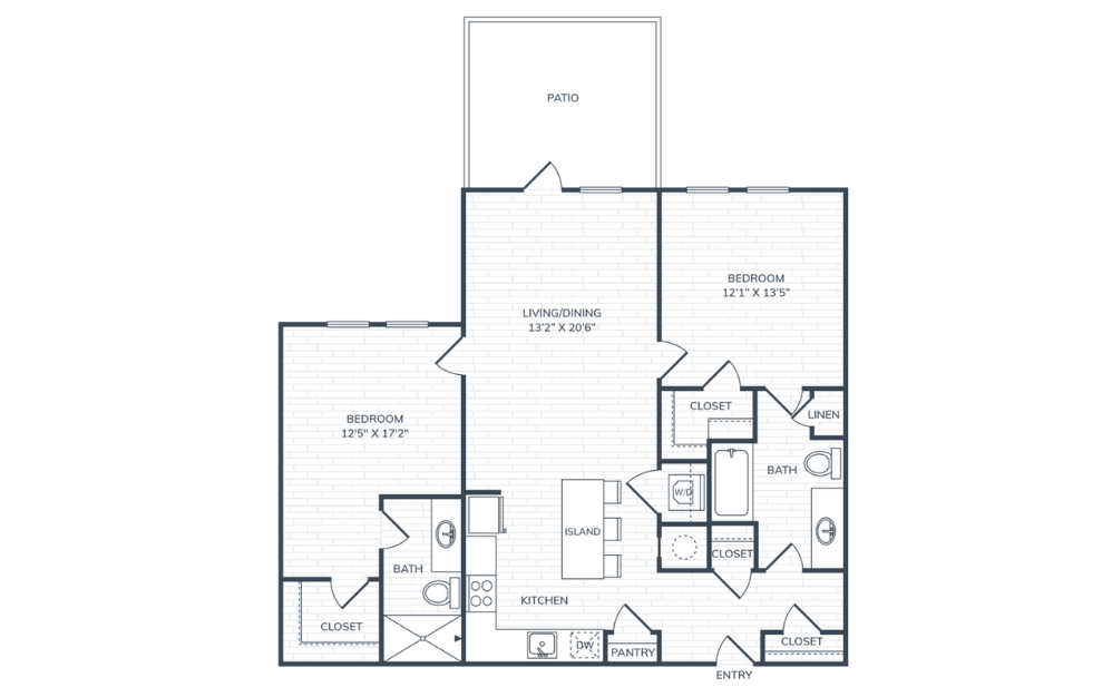 PH2 B3P - 2 bedroom floorplan layout with 2 bathrooms and 1067 square feet