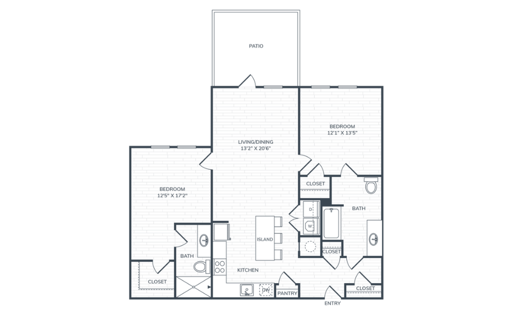 PH2 B3P ADA - 2 bedroom floorplan layout with 2 baths and 1067 square feet.