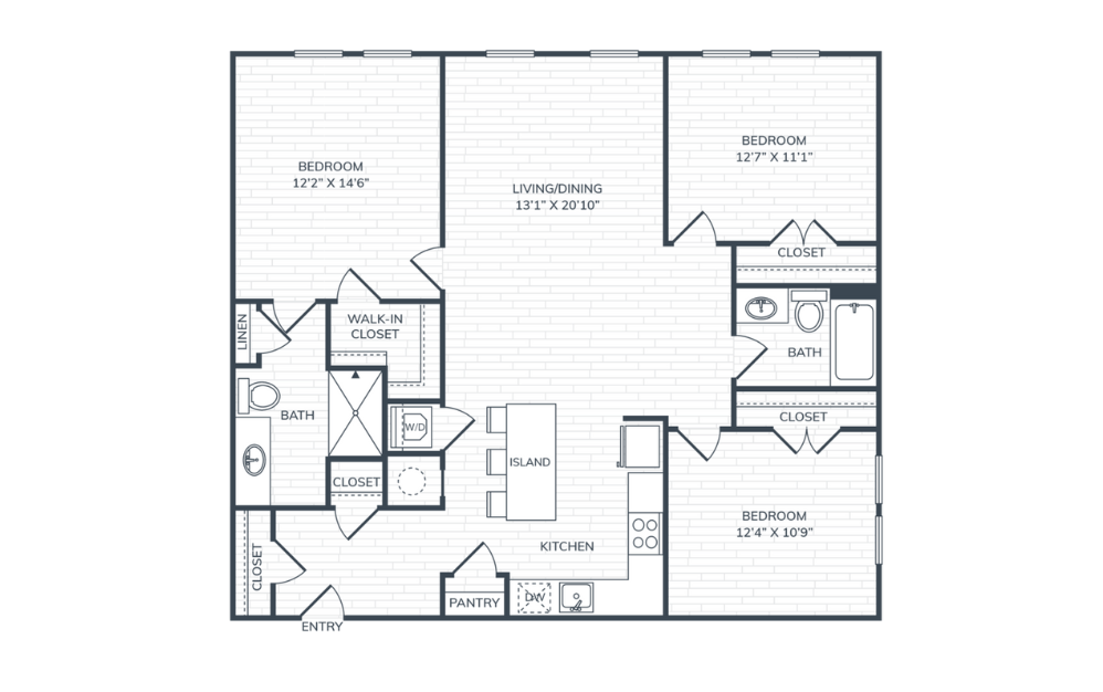 PH2 C1 - 3 bedroom floorplan layout with 2 bathrooms and 1226 square feet