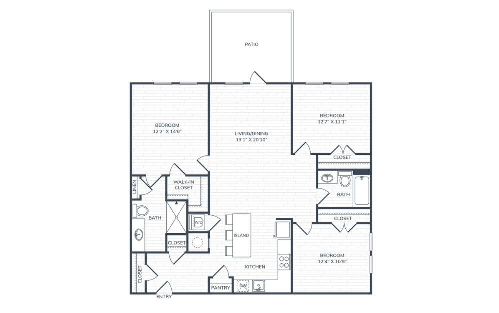 PH2 C1P - 3 bedroom floorplan layout with 2 bathrooms and 1226 square feet