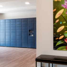 room with stacked mail boxes Everything within reach
